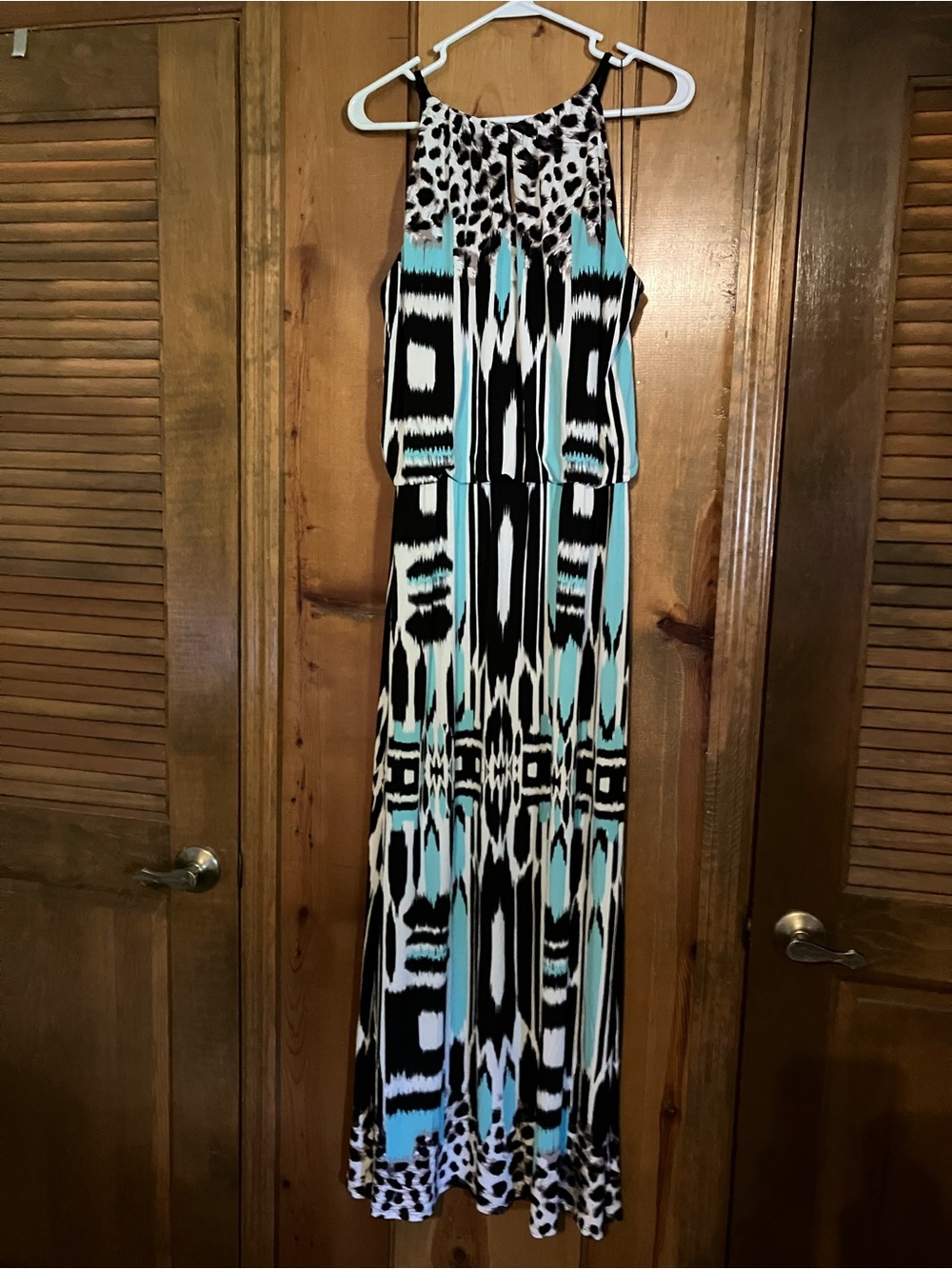 London Style Black, White & Turquoise Print Maxi Dress